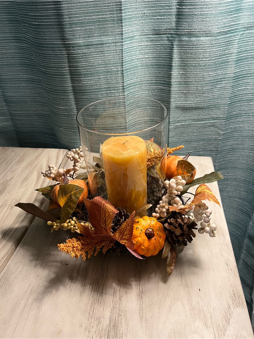 Fall Hurricane Candle Holder Centerpiece Pumpkin Wreath Thanksgiving Decor